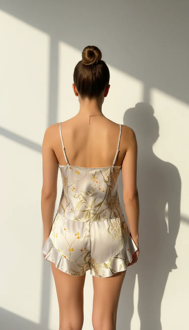 Pyjama Satin Crème Floral pour Femme | Débardeur à Bretelles & Short Volanté | Ensemble 2 Pièces - Vue de dos