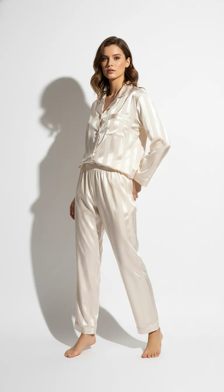Pyjama Satin Crème à Rayures pour Femme | Classique et Élégant | Ensemble Chemise et Pantalon Long | 2 Pièces - Vue de face
