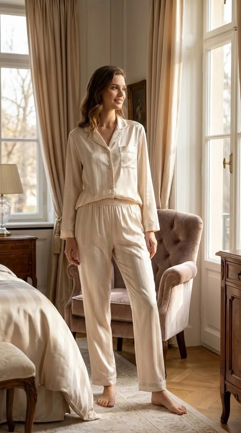 Pyjama Satin Crème à Rayures pour Femme | Classique et Élégant | Ensemble Chemise et Pantalon Long | 2 Pièces - Mise en situation portée