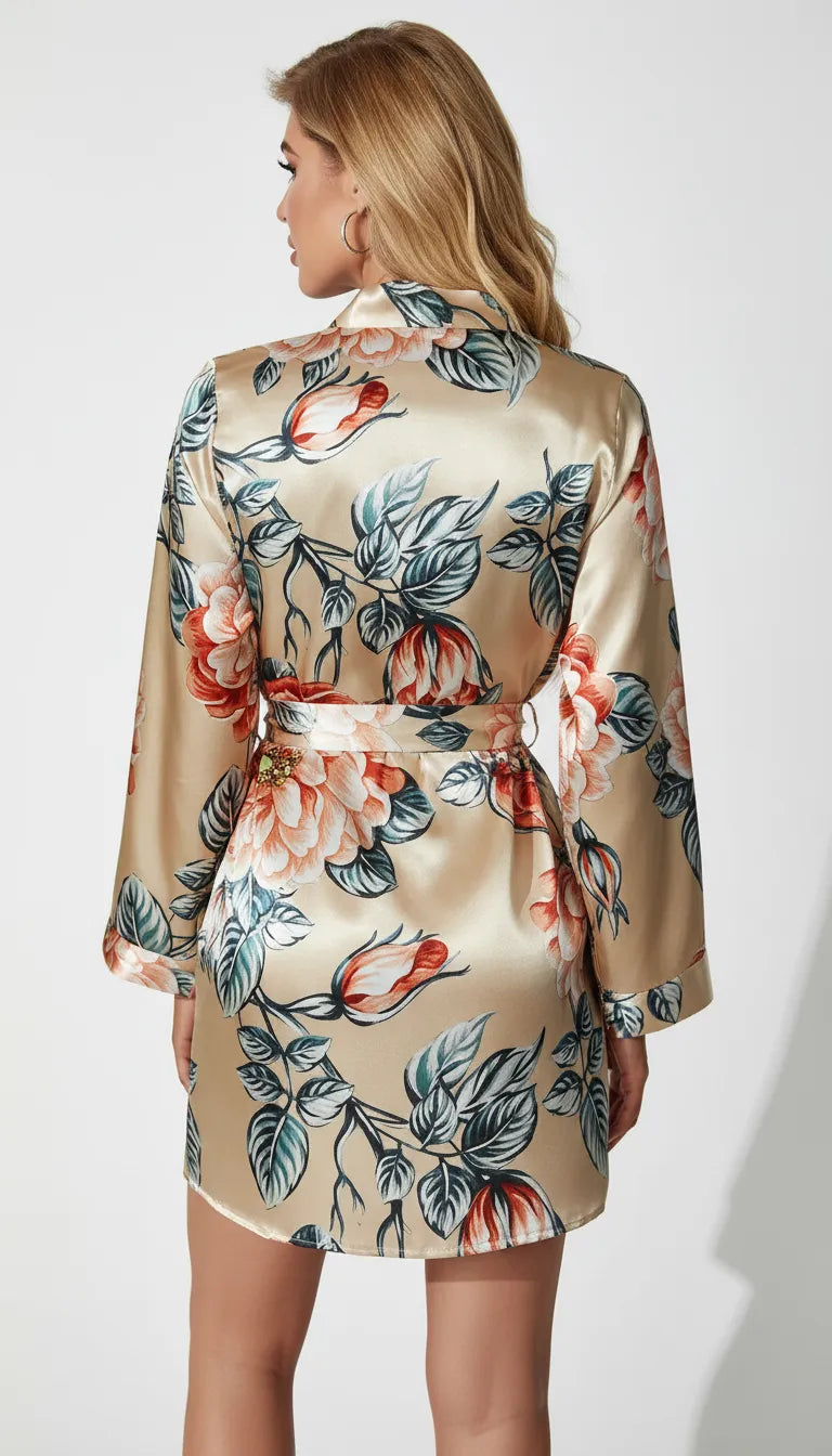 Pyjama Satin Crème et Floral pour Femme | Kimono Long et Shorty | 2 Pièces - Vue de dos