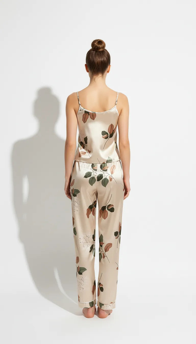 Pyjama Satin Crème et Vert | Romantique | Débardeur et Pantalon Femme fleuri | Ensemble 2 Pièces - Vue de dos