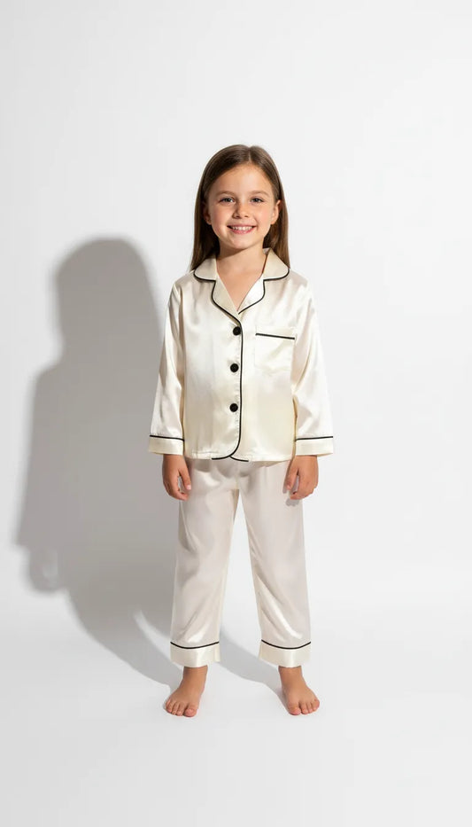 Pyjama Satin Crème pour Enfant | Classique Chic avec liseré Noir | Chemise Manches Longues & Pantalon | Ensemble 2 Pièces. - Vue de face