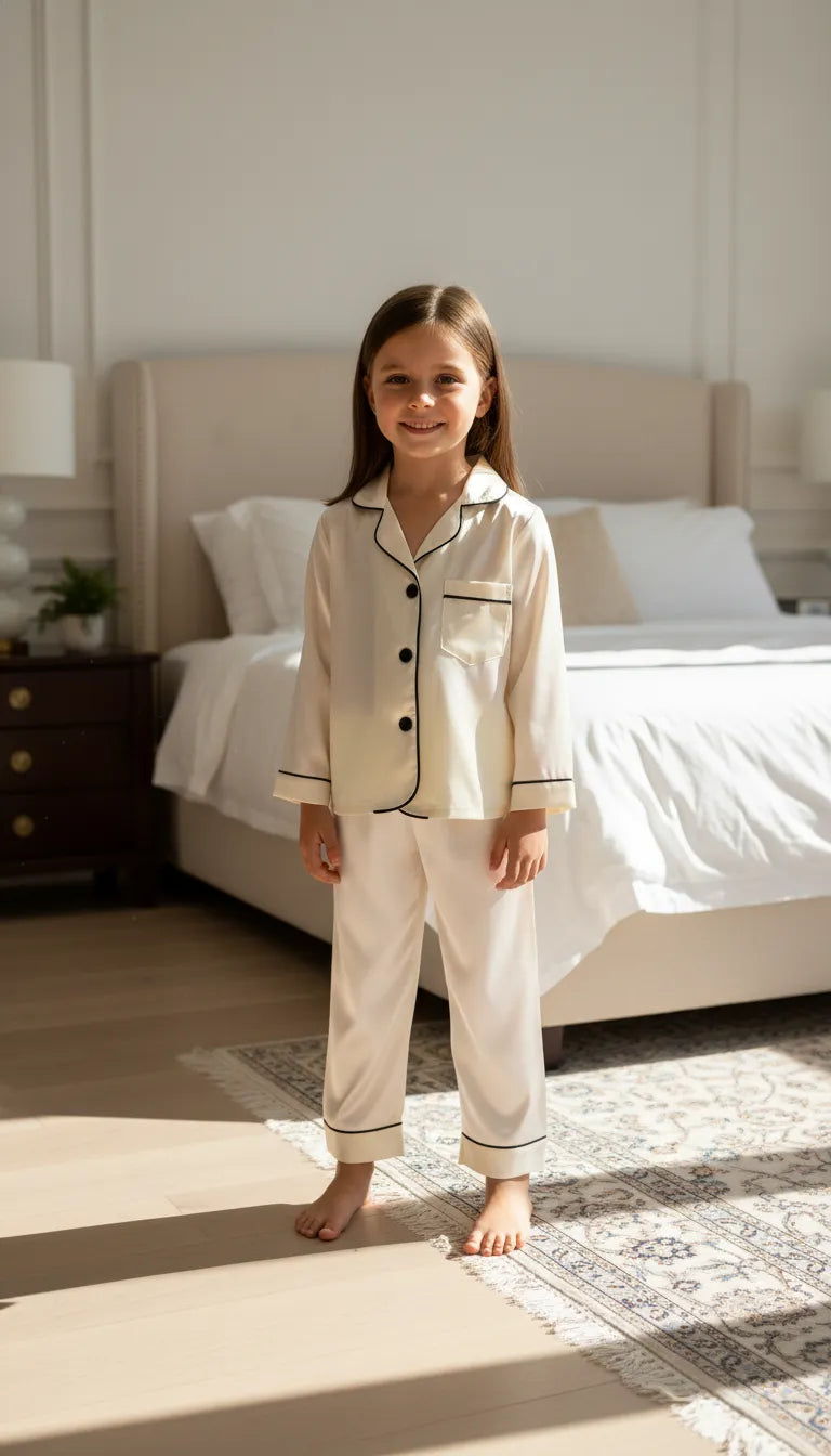 Pyjama Satin Crème pour Enfant | Classique Chic avec liseré Noir | Chemise Manches Longues & Pantalon | Ensemble 2 Pièces. - Mise en situation portée
