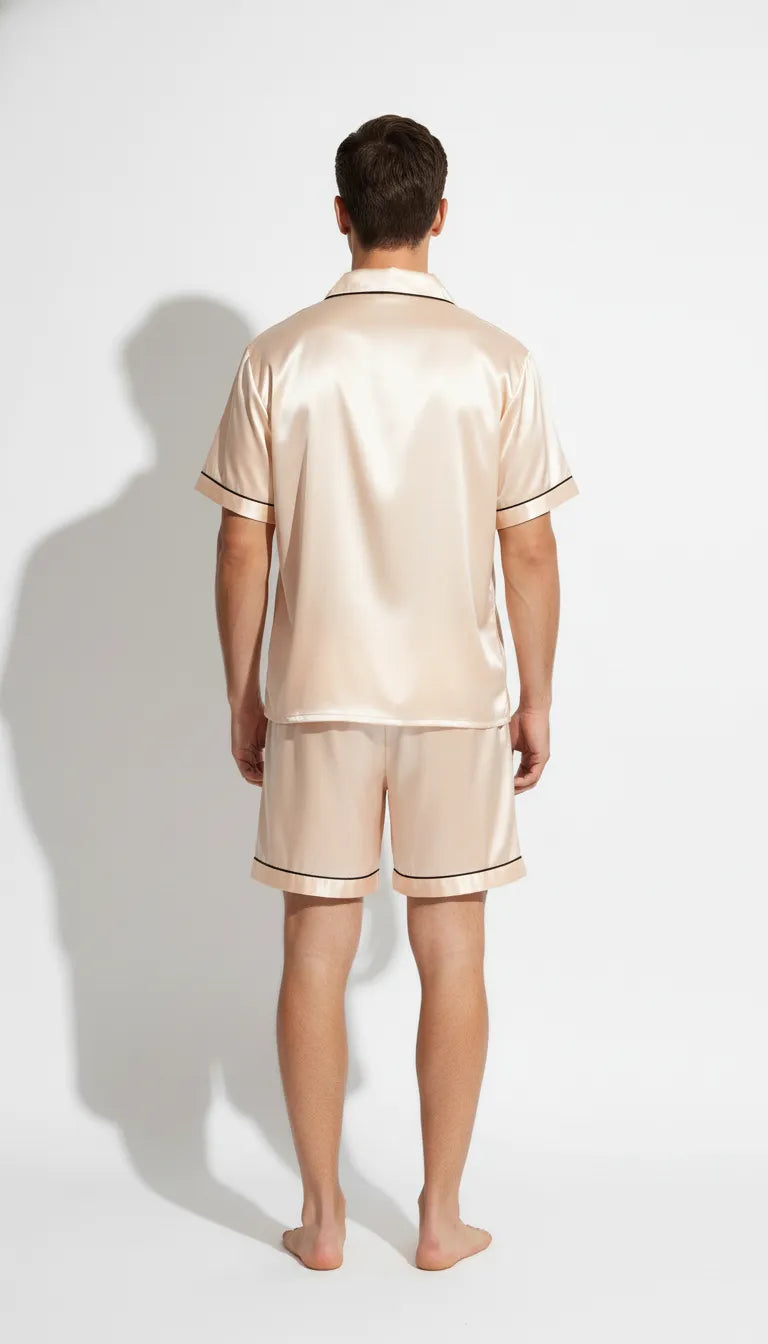 Pyjama Satin Crème pour Homme | Classique & Élégant | Chemise à manches courtes & Short | 2 Pièces. - Vue de dos