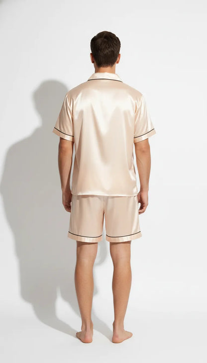 Pyjama Satin Crème pour Homme | Classique & Élégant | Chemise à manches courtes & Short | 2 Pièces. - Vue de dos