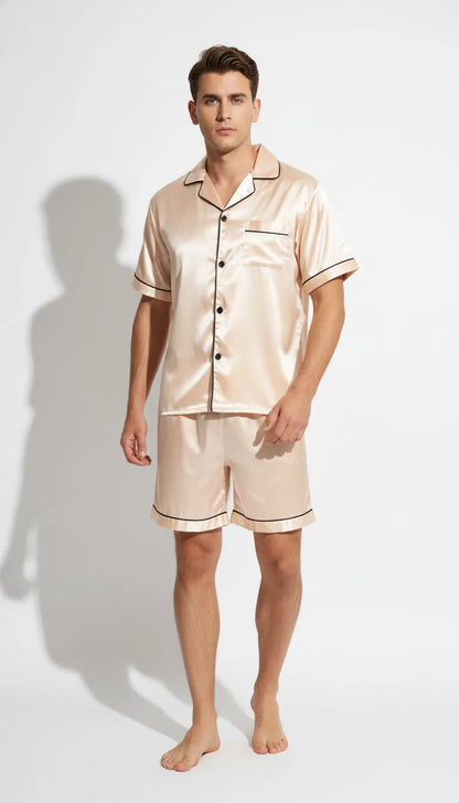 Pyjama Satin Crème pour Homme | Classique & Élégant | Chemise à manches courtes & Short | 2 Pièces. - Vue de face