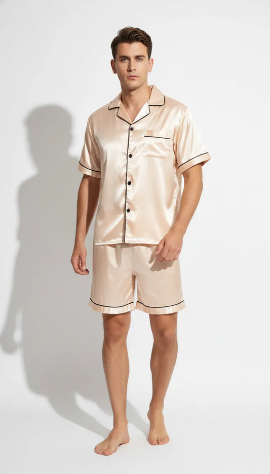 Pyjama Satin Crème pour Homme | Classique & Élégant | Chemise à manches courtes & Short | 2 Pièces. - Vue de face