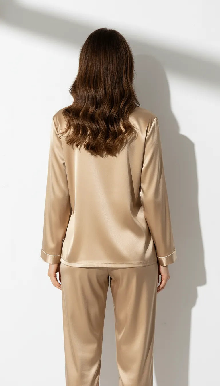 Pyjama Satin Doré Femme | Ensemble Chemise & Pantalon Classique | Manches Longues | 2 Pièces - Vue de dos