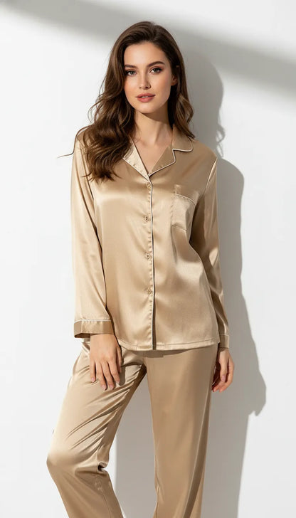 Pyjama Satin Doré Femme | Ensemble Chemise & Pantalon Classique | Manches Longues | 2 Pièces - Vue de face