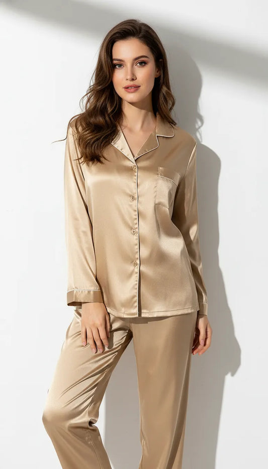 Pyjama Satin Doré Femme | Ensemble Chemise & Pantalon Classique | Manches Longues | 2 Pièces - Vue de face