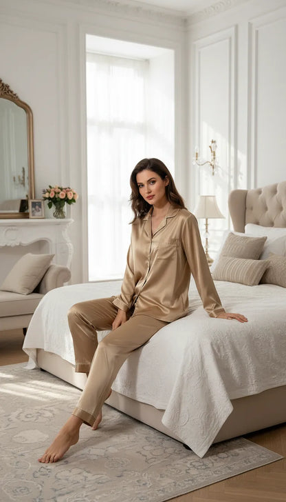 Pyjama Satin Doré Femme | Ensemble Chemise & Pantalon Classique | Manches Longues | 2 Pièces - Mise en situation portée
