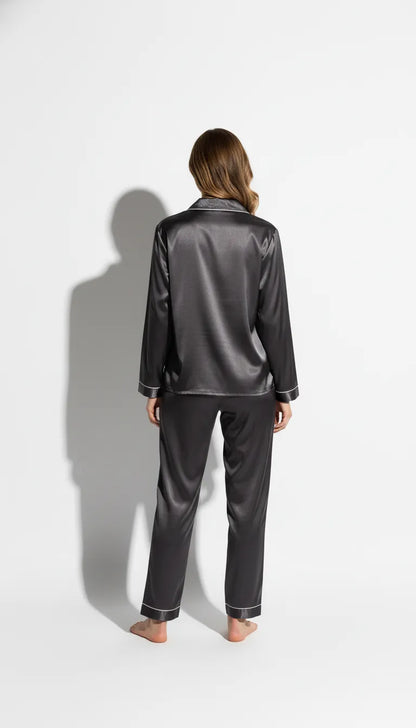 Pyjama Satin Gris Anthracite Femme | Chemise à Manches Longues & Pantalon | Ensemble 2 Pièces - Vue de dos
