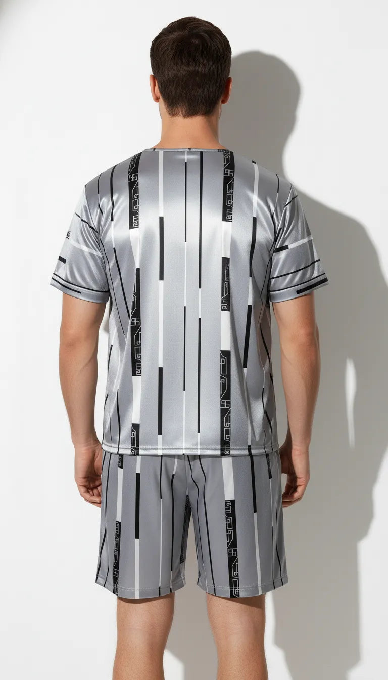 Pyjama Satin Gris Argenté pour Homme | Moderne et Graphique | Chemise Manches Courtes et Short | Ensemble 2 pièces. - Vue de dos
