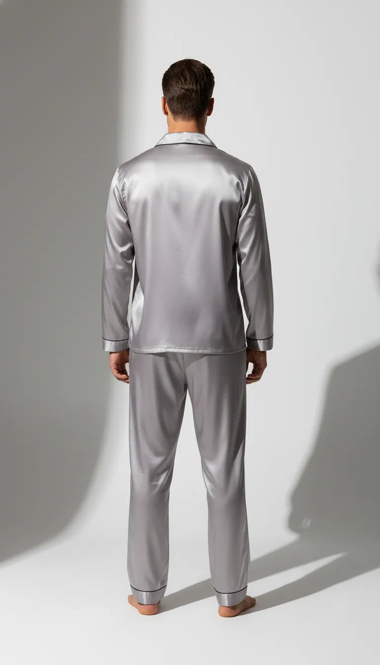 Pyjama Satin Gris Argenté pour Homme | Classique & Chic | Chemise Manches Longues & Pantalon | 2 Pièces - Vue de dos
