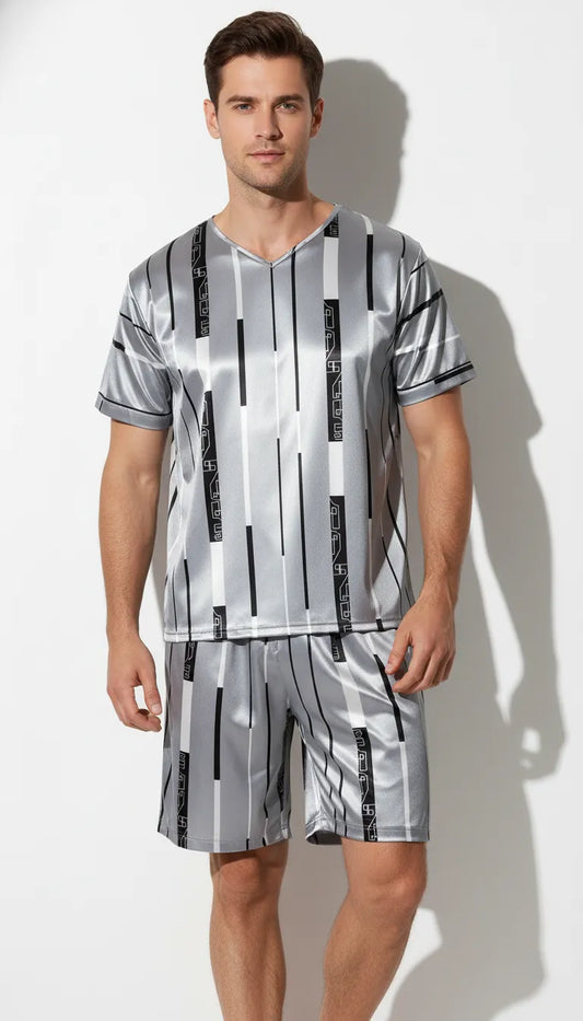 Pyjama Satin Gris Argenté pour Homme | Moderne et Graphique | Chemise Manches Courtes et Short | Ensemble 2 pièces. - Vue de face