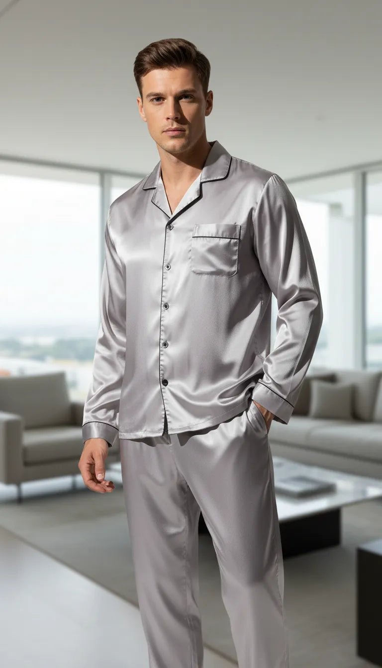 Pyjama Satin Gris Argenté pour Homme | Classique & Chic | Chemise Manches Longues & Pantalon | 2 Pièces - Mise en situation portée