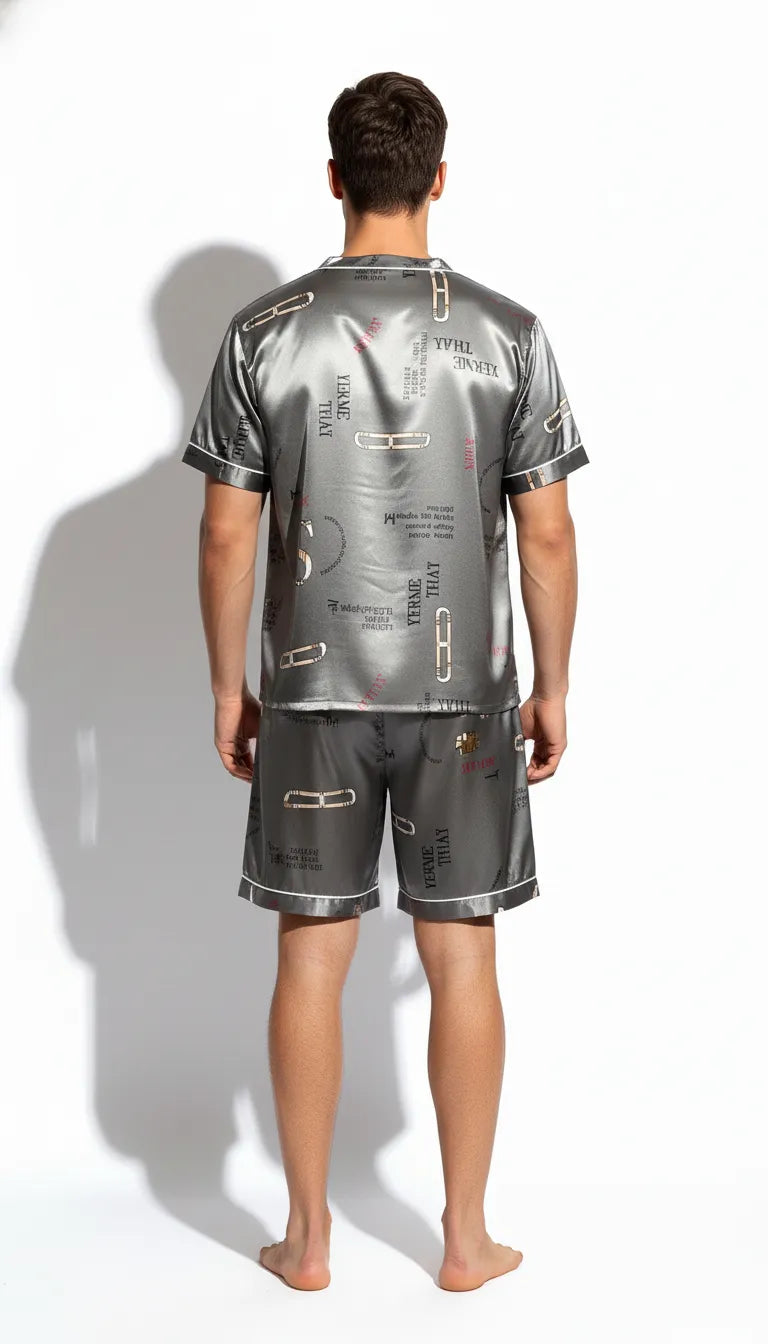Pyjama Satin Gris Homme | Moderne et Chic | Short et Haut Manches Courtes | Ensemble 2 Pièces - Vue de dos