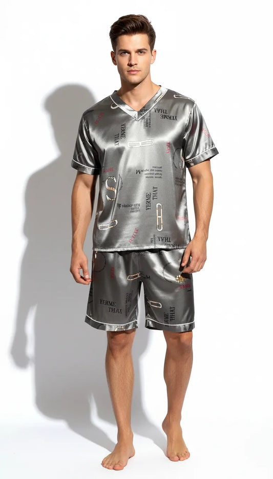 Pyjama Satin Gris Homme | Moderne et Chic | Short et Haut Manches Courtes | Ensemble 2 Pièces - Vue de face
