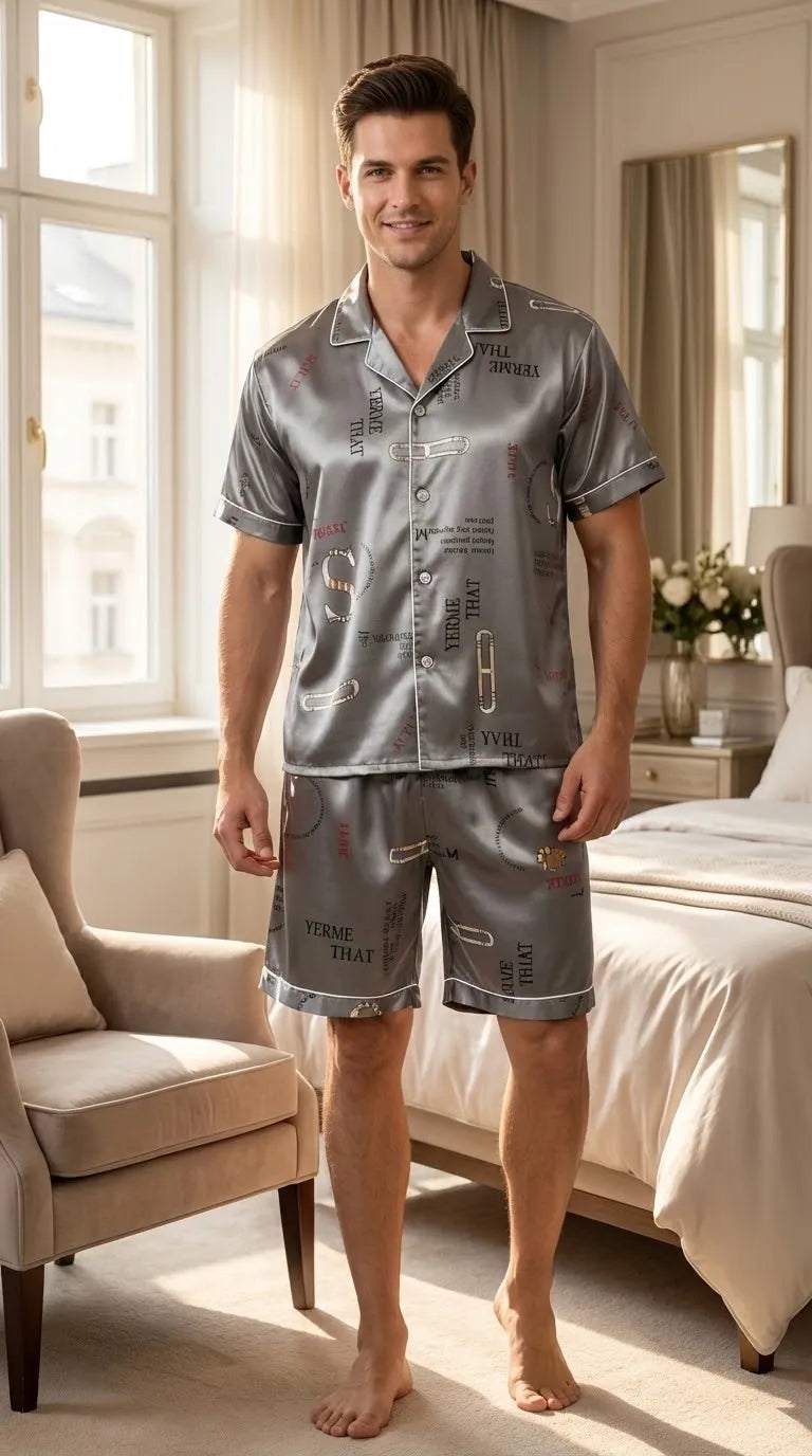 Pyjama Satin Gris Homme | Moderne et Chic | Short et Haut Manches Courtes | Ensemble 2 Pièces - Mise en situation portée