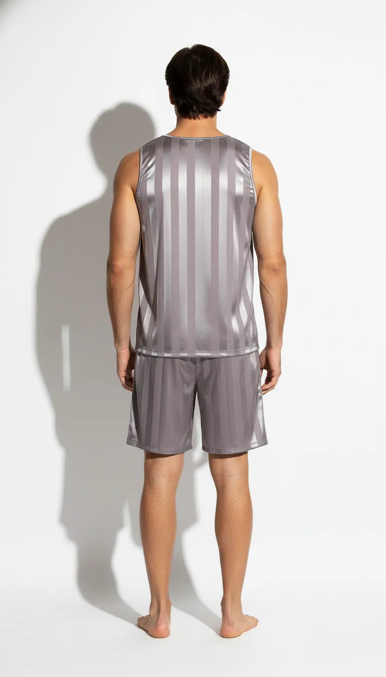 Pyjama Satin Gris Rayé pour Homme | Débardeur et Short | 2 Pièces - Vue de dos