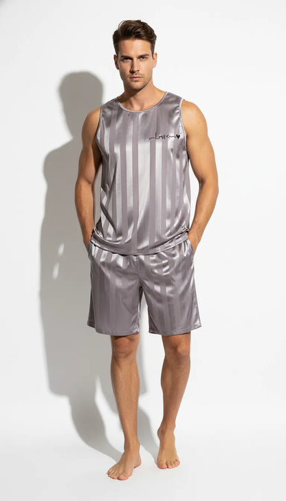 Pyjama Satin Gris Rayé pour Homme | Débardeur et Short | 2 Pièces - Vue de face
