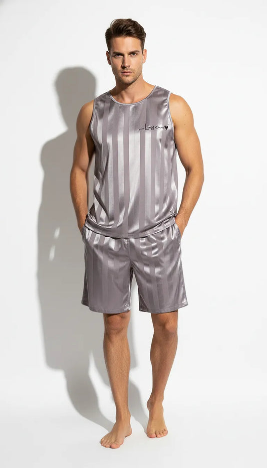 Pyjama Satin Gris Rayé pour Homme | Débardeur et Short | 2 Pièces - Vue de face