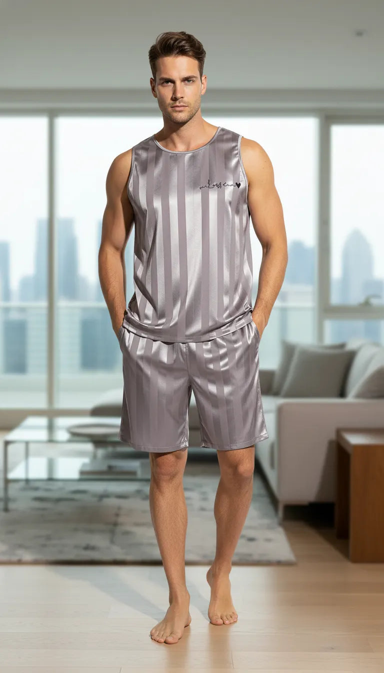 Pyjama Satin Gris Rayé pour Homme | Débardeur et Short | 2 Pièces - Mise en situation portée