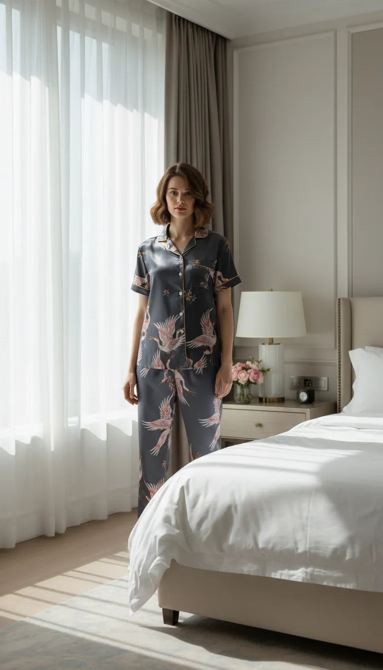 Pyjama Satin Gris & Rose Femme | Motif Grue | Chemise Manches Courtes & Pantalon | Ensemble 2 pièces - Mise en situation portée