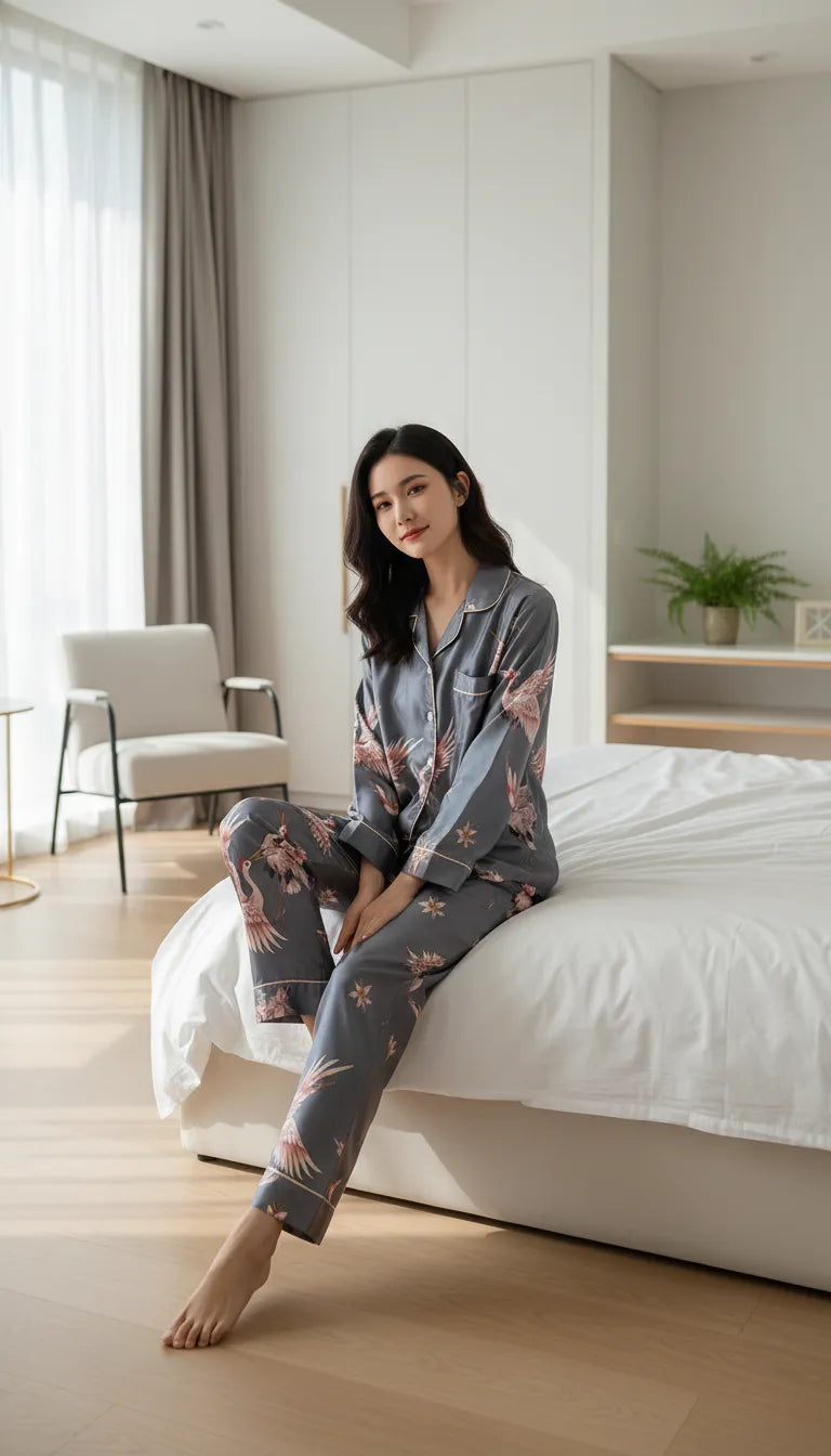 Pyjama Satin Gris & Rose Femme | Motif Grue Orientale | Chemise & Pantalon | Manches longues | 2 pièces - Mise en situation portée