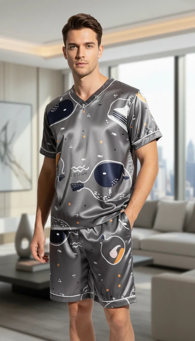 Pyjama Satin Gris avec Motifs | Chic et Confortable | T-shirt Manches Courtes & Short Homme | Ensemble 2 Pièces - Mise en situation portée