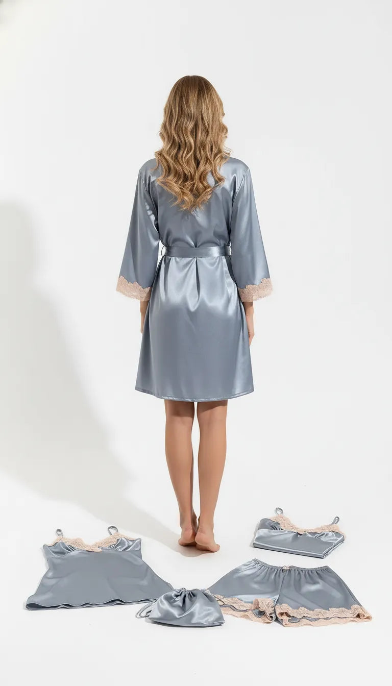 Pyjama Satin Gris et Rose pour Femme | Ensemble Romantique | Nuisette et Shorty Dentelle | 5 Pièces - Vue de dos