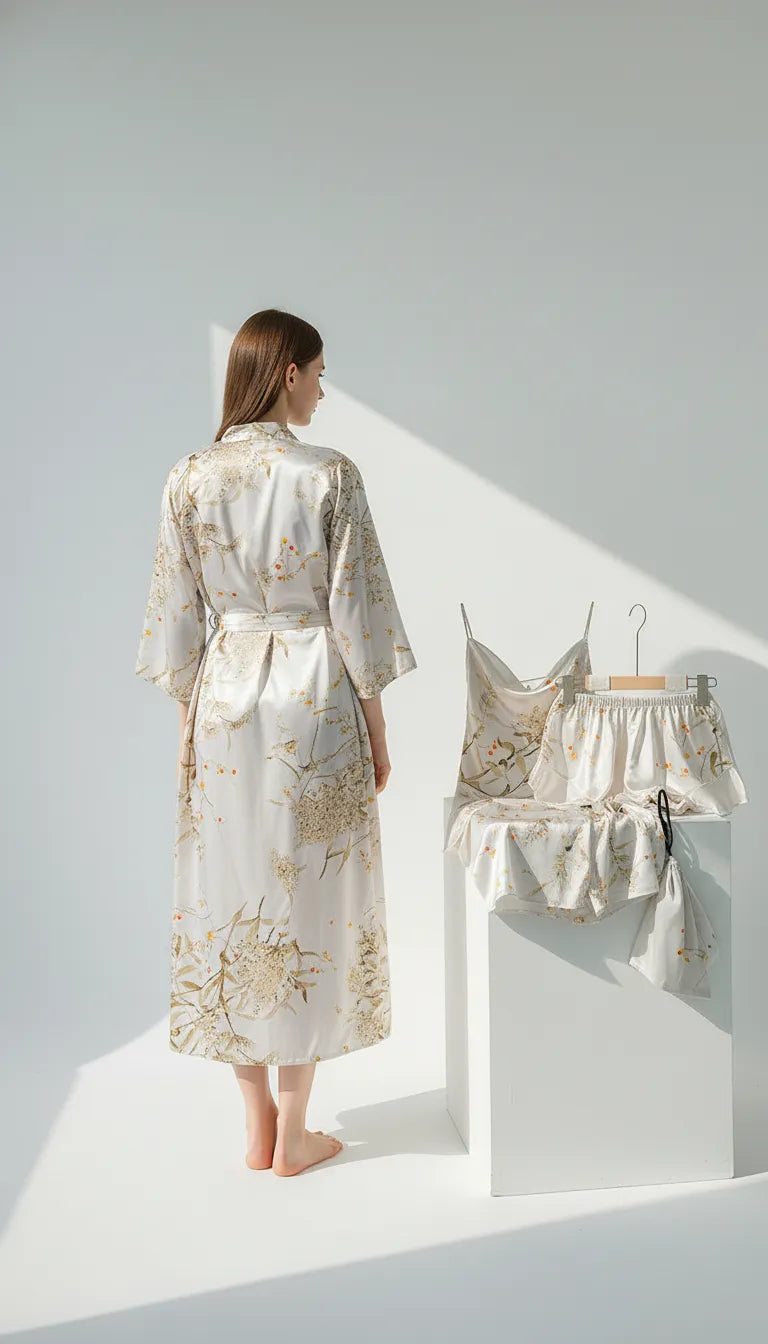 Pyjama Satin Ivoire et Floral pour Femme | Peignoir Long et Ensemble 4 Pièces | Débardeur, Short, Haut et Accessoire - Vue de dos