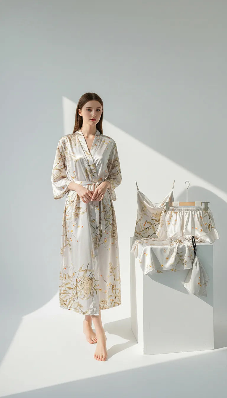 Pyjama Satin Ivoire et Floral pour Femme | Peignoir Long et Ensemble 4 Pièces | Débardeur, Short, Haut et Accessoire - Vue de face
