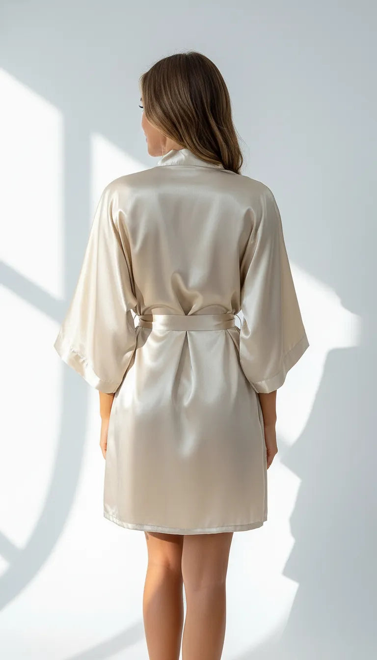 Pyjama Satin Ivoire pour Femme | Kimono Long Fluide | Ceinture Satin | 2 Pièces - Vue de dos