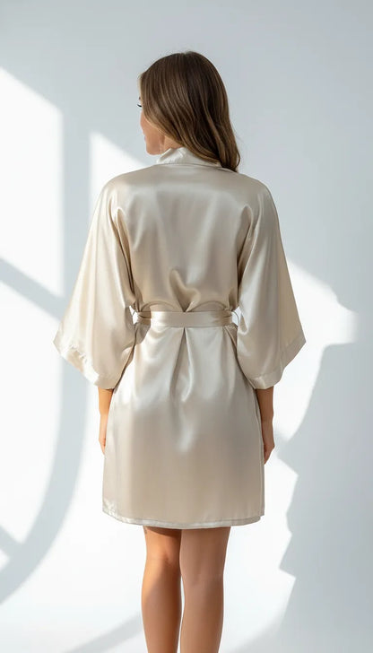Pyjama Satin Ivoire pour Femme | Kimono Long Fluide | Ceinture Satin | 2 Pièces - Vue de dos