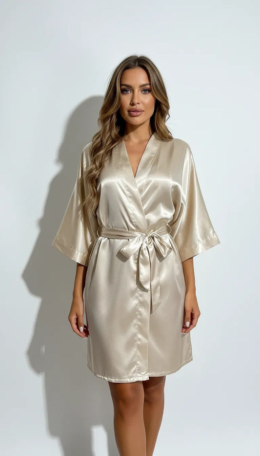 Pyjama Satin Ivoire pour Femme | Kimono Long Fluide | Ceinture Satin | 2 Pièces - Vue de face