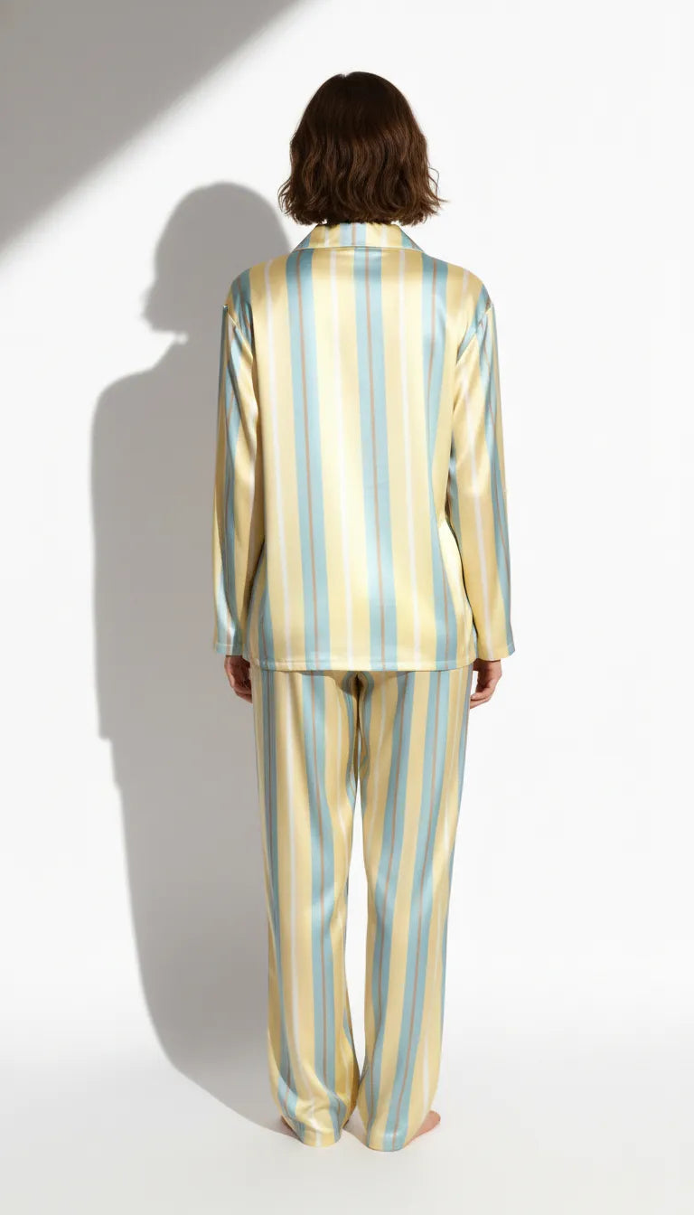 Pyjama Satin Jaune et Bleu | Moderne chic | Chemise & Pantalon Femme | 2 Pièces - Vue de dos
