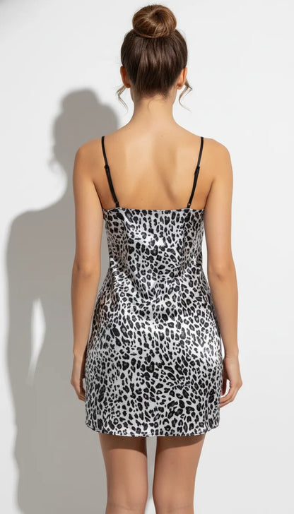 Pyjama Satin Léopard Argenté Femme | Nuisette Dentelle | Bretelles Fines | 1 Pièce - Vue de dos