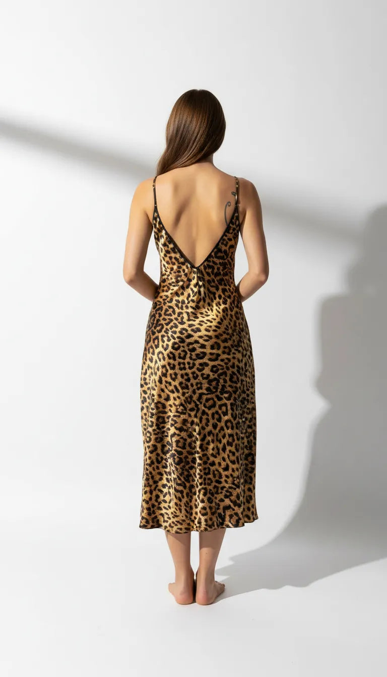 Pyjama Satin Léopard Femme | Nuisette fendue à bretelles fines | 1 Pièce - Vue de dos