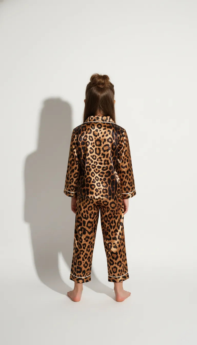 Pyjama Satin Léopard Marron Enfant | Tendance & Confort | Chemise Manches Longues & Pantalon | Ensemble 2 Pièces - Vue de dos