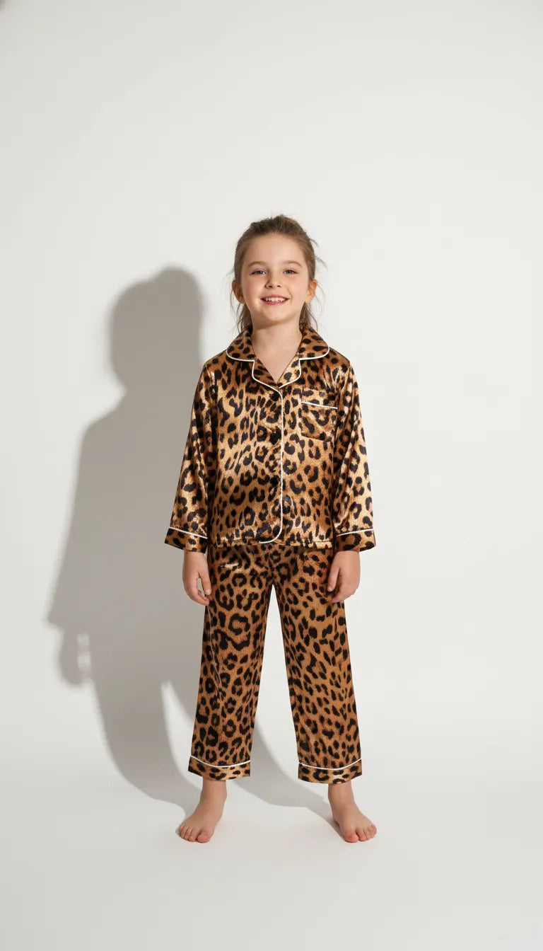 Pyjama Satin Léopard Marron Enfant | Tendance & Confort | Chemise Manches Longues & Pantalon | Ensemble 2 Pièces - Vue de face
