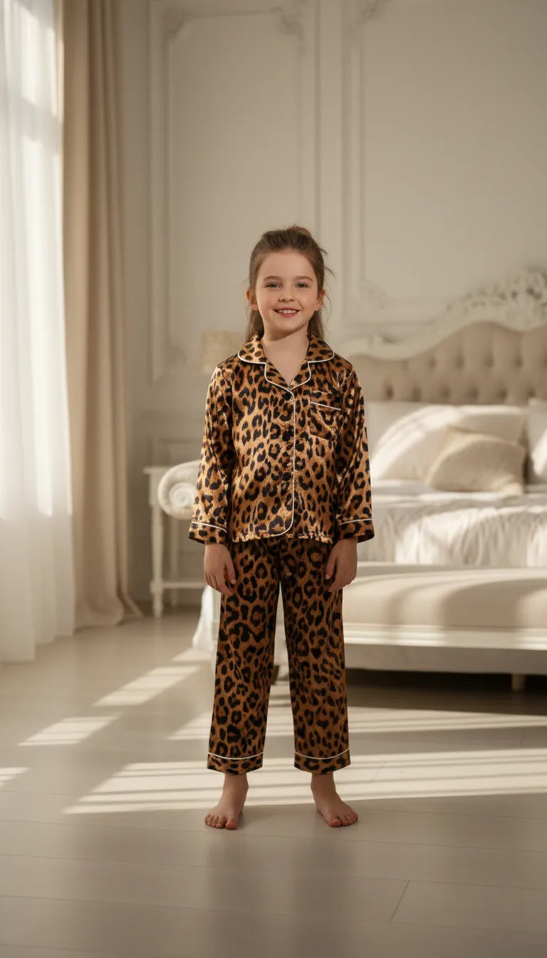 Pyjama Satin Léopard Marron Enfant | Tendance & Confort | Chemise Manches Longues & Pantalon | Ensemble 2 Pièces - Mise en situation portée