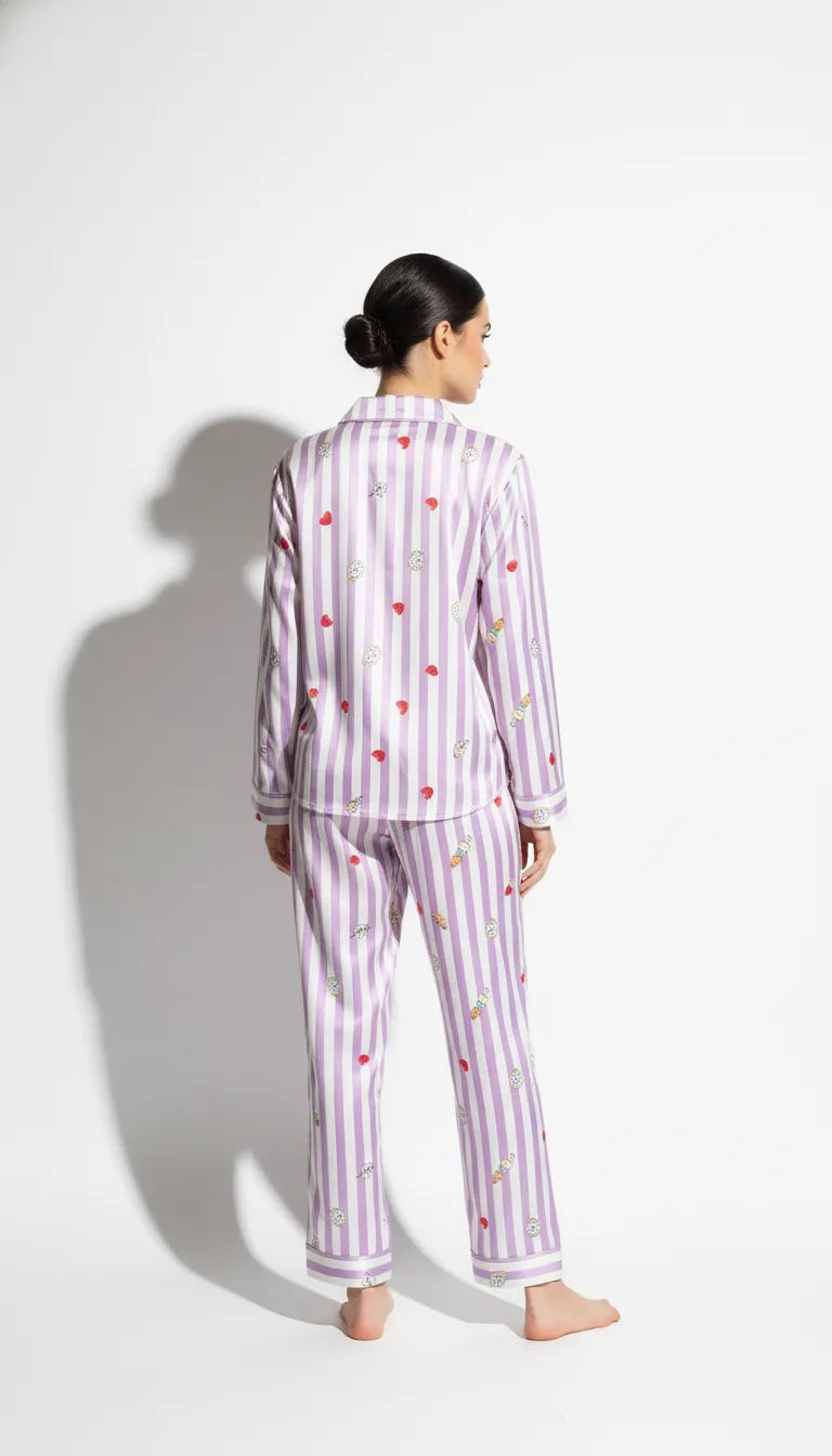 Pyjama Satin Lilas Rayé Femme | Romantique | Chemise Manches Longues & Pantalon | 2 Pièces - Vue de dos