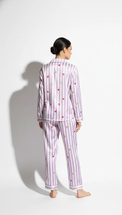 Pyjama Satin Lilas Rayé Femme | Romantique | Chemise Manches Longues & Pantalon | 2 Pièces - Vue de dos
