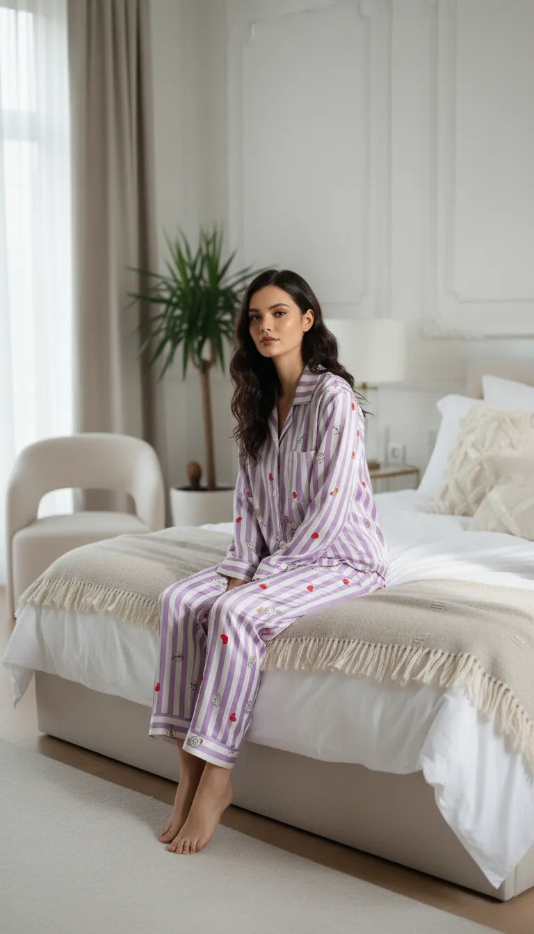 Pyjama Satin Lilas Rayé Femme | Romantique | Chemise Manches Longues & Pantalon | 2 Pièces - Mise en situation portée