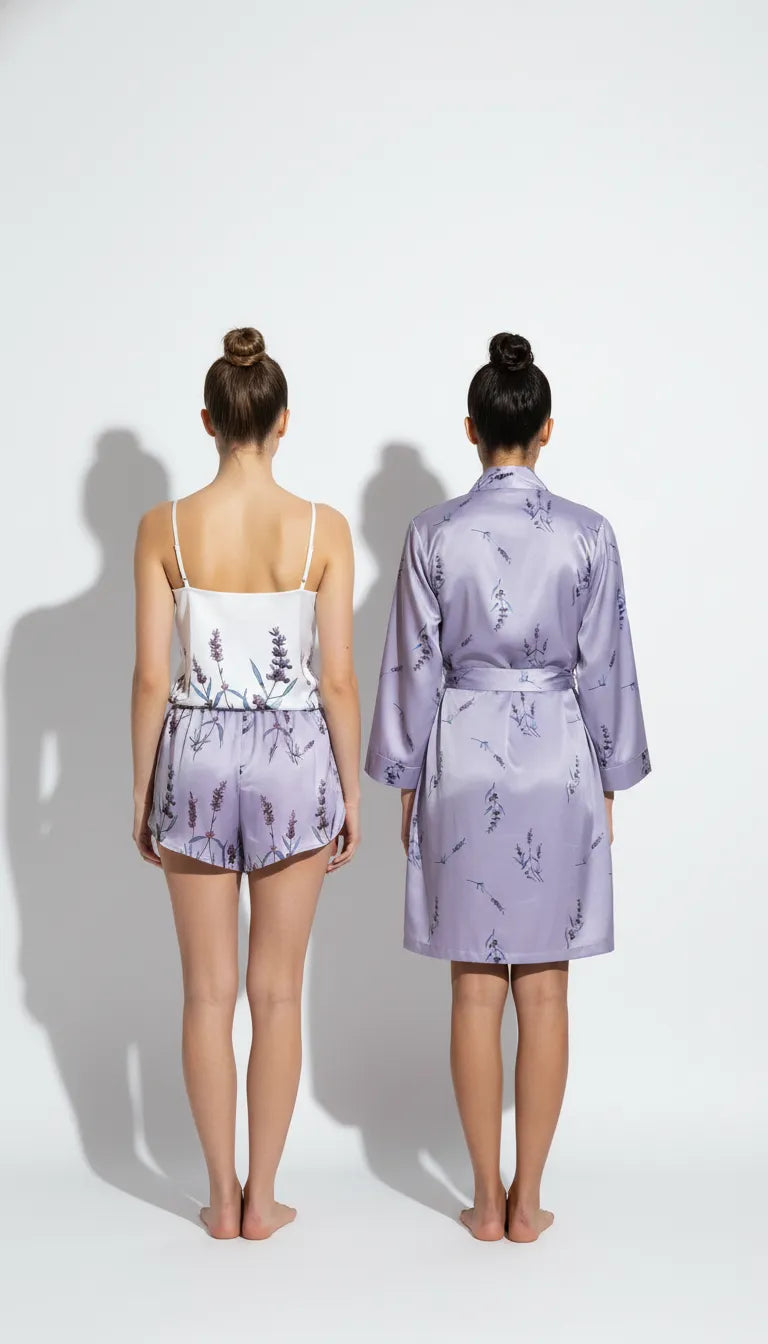 Pyjama Satin Lilas pour Femme | Kimono Court & Débardeur & Short | 3 Pièces - Vue de dos