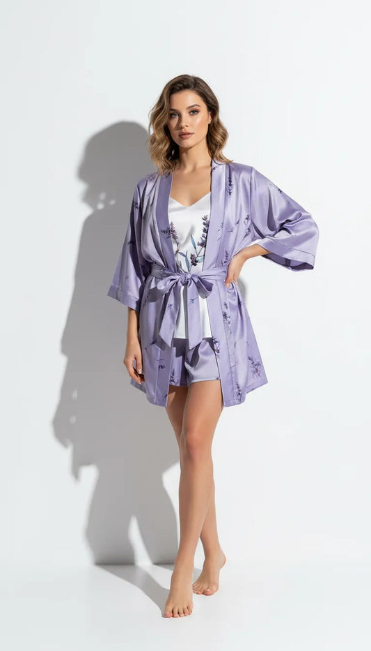 Pyjama Satin Lilas pour Femme | Kimono Court & Débardeur & Short | 3 Pièces - Vue de face