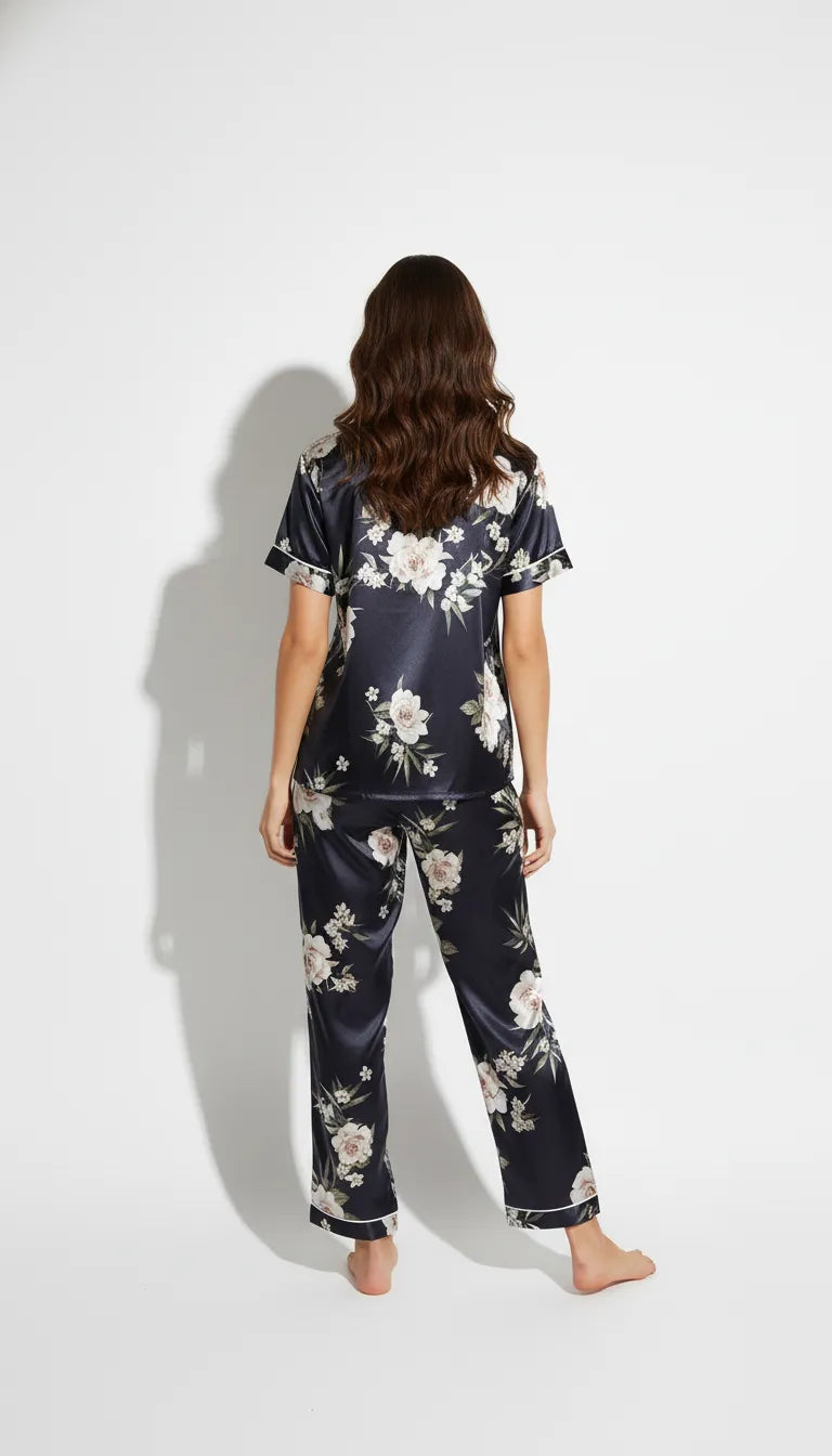 Pyjama Satin Marine & Floral Femme | Ensemble 2 pièces manches courtes & pantalon long | Romantique & Élégant - Vue de dos