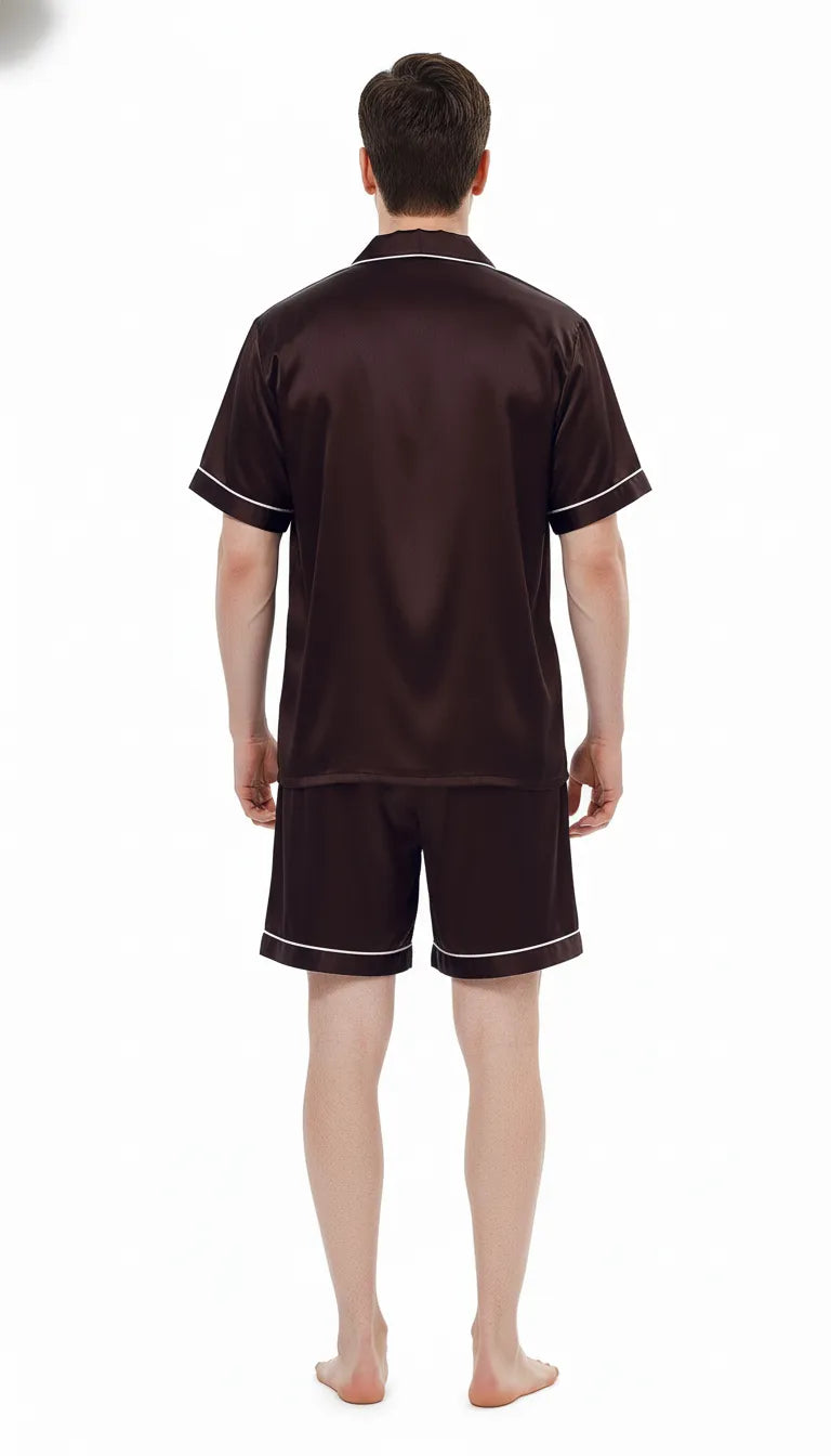 Pyjama Satin Marron Homme | Moderne Chic | Short et Chemise Manches Courtes | 2 Pièces - Vue de dos