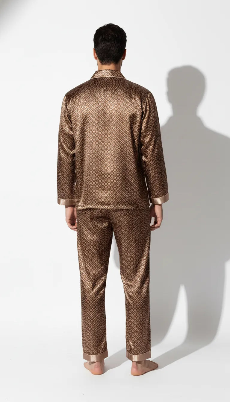 Pyjama Satin Marron Homme | Classique Élégant | Chemise Manches Longues & Pantalon | 2 Pièces - Vue de dos